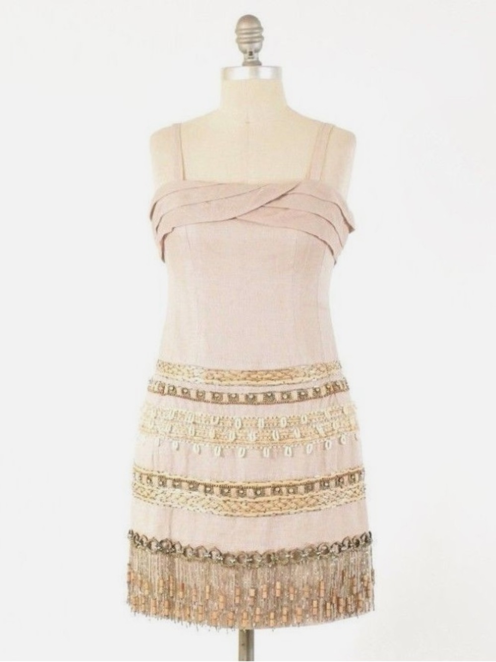 Nanette Lepore Beige Linen Role Model Beaded Fringe Mini Dress